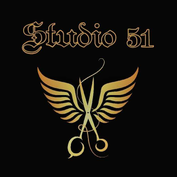 Logo for Studio 51 in gold and balck with scissors.