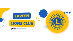 A montage of words with the Lions Club logo, Laveen and social media icons.