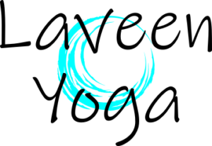 Photo shows words Laveen Yoga, with a teal swirl behind the words.