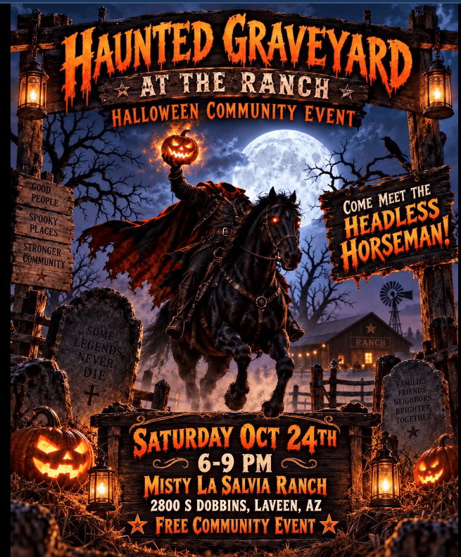 Promotional graphic for the Haunted Graveyard Halloween event at Misty La Salvia Ranch.