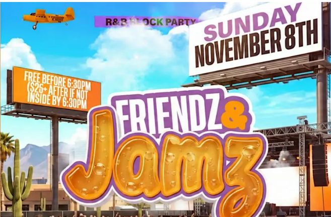 Friendz & Jamz R&B Block Party promotional graphic announcing Sunday, Nov. 8