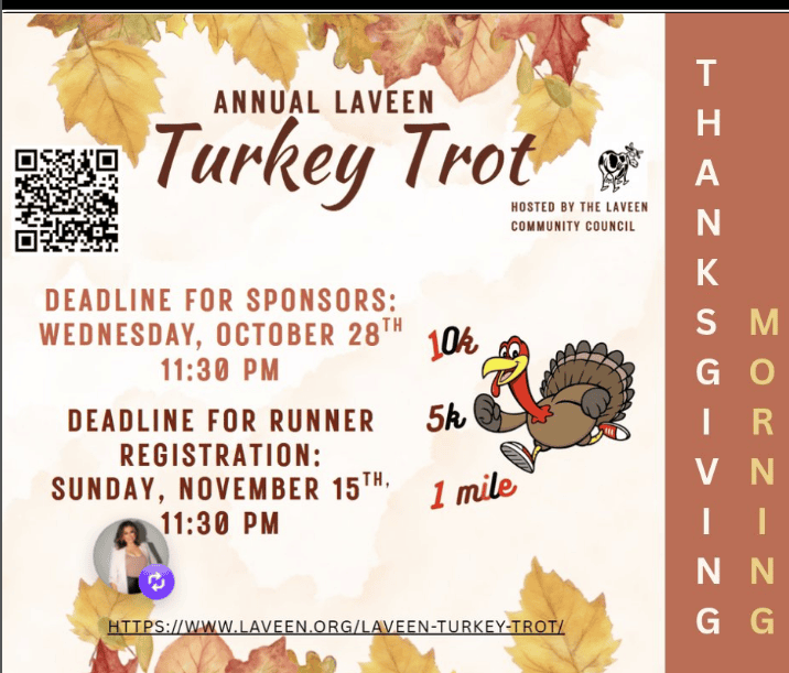 Laveen Turkey Trot flyer showing race distances and registration deadline